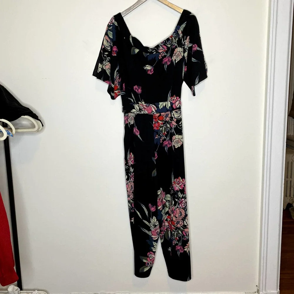 City Chic Black Misty Floral Off The Shoulder Belted Cropped Leg Jumpsuit - Picture 8 of 11